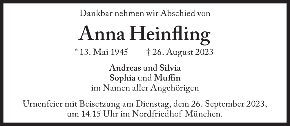  Traueranzeige für Anna Heinfing vom 19.09.2023 aus Süddeutsche Zeitung