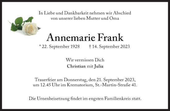 Traueranzeige von Annemarie Frank von Süddeutsche Zeitung