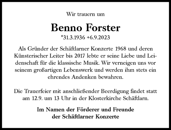 Traueranzeige von Benno Forster von Süddeutsche Zeitung