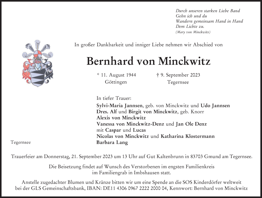  Traueranzeige für Bernhard von Minckwitz vom 16.09.2023 aus Süddeutsche Zeitung