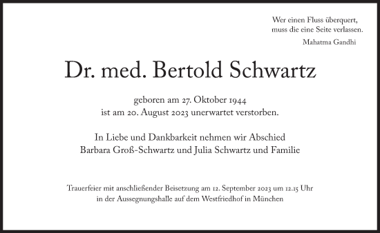 Traueranzeige von Bertold Schwartz von Süddeutsche Zeitung