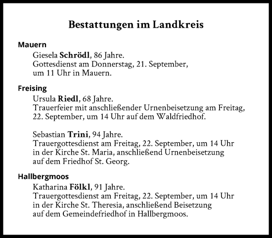 Traueranzeige von Bestattungen vom 21.09.2023 von Süddeutsche Zeitung