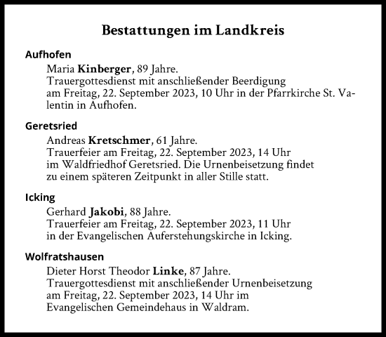 Traueranzeige von Bestattungen vom 22.09.2023 von Süddeutsche Zeitung