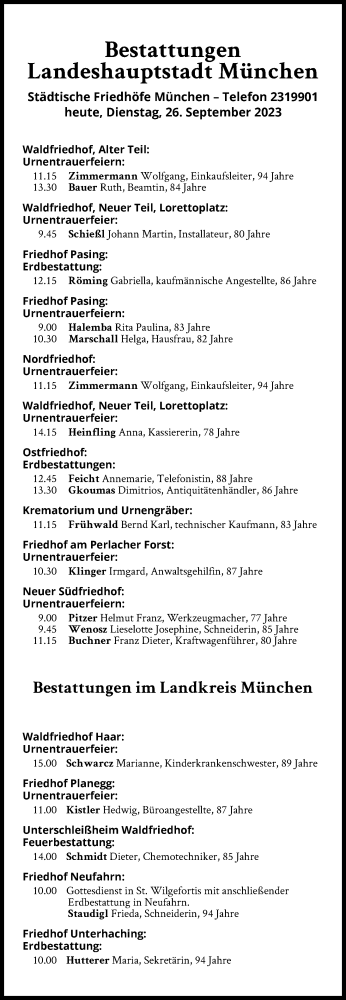 Traueranzeige von Bestattungen vom 26.09.2023 von Süddeutsche Zeitung