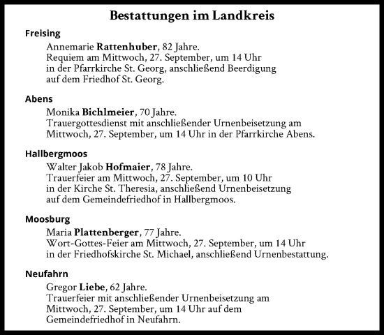 Traueranzeige von Bestattungen vom 27.09.2023 von Süddeutsche Zeitung