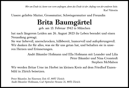 Traueranzeige von Brita Baumgärtel von Süddeutsche Zeitung