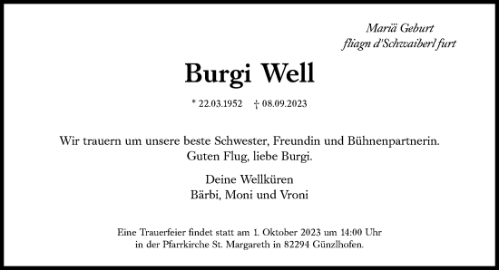 Traueranzeige von Burgi Well von Süddeutsche Zeitung