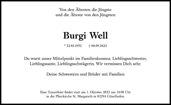 Traueranzeige von Burgi Well von Süddeutsche Zeitung