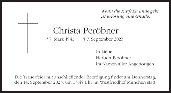 Traueranzeige von Christa Peröbner von Süddeutsche Zeitung