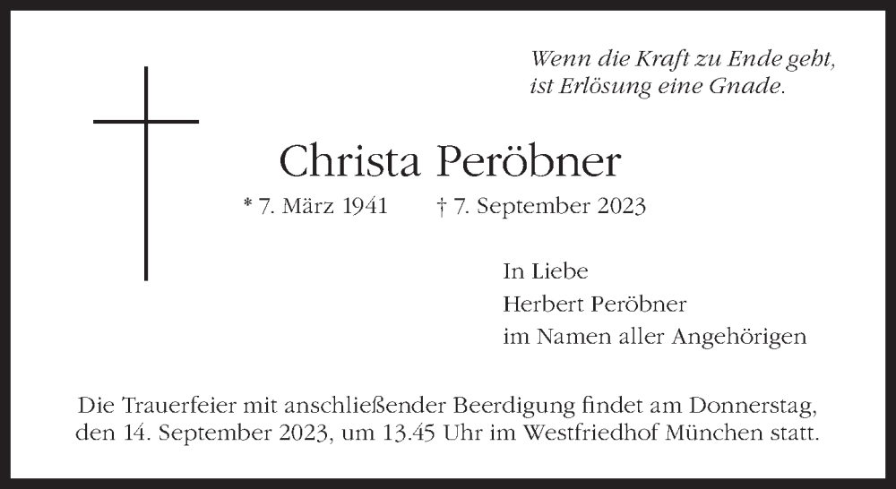  Traueranzeige für Christa Peröbner vom 09.09.2023 aus Süddeutsche Zeitung