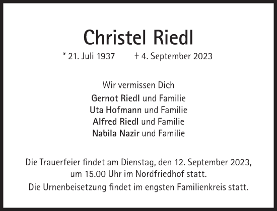 Traueranzeige von Christel Riedl von Süddeutsche Zeitung