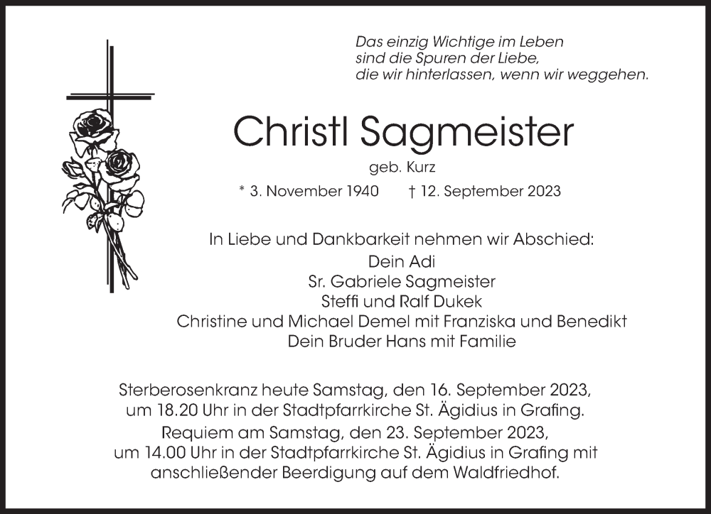  Traueranzeige für Christl Sagmeister vom 16.09.2023 aus Süddeutsche Zeitung