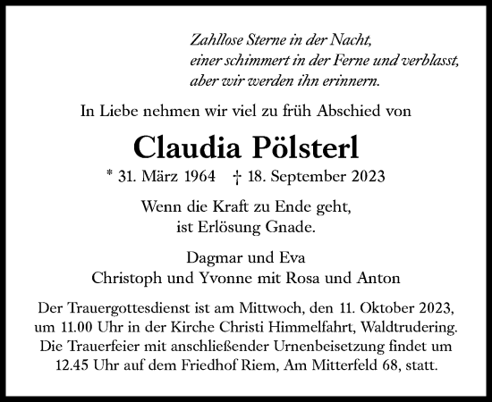 Traueranzeige von Claudia Pölsterl von Süddeutsche Zeitung