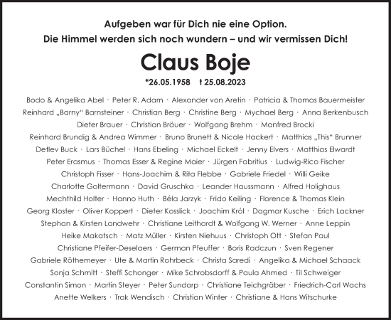 Traueranzeige von Claus Boje von Süddeutsche Zeitung