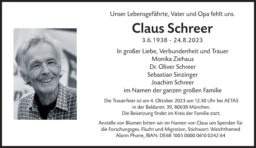  Traueranzeige für Claus Schreer vom 02.09.2023 aus Süddeutsche Zeitung
