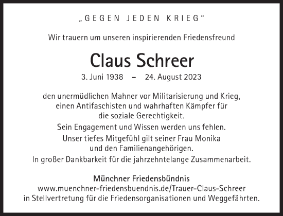 Traueranzeige von Claus Schreer von Süddeutsche Zeitung