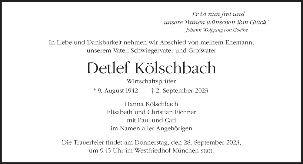  Traueranzeige für Detlef Kölschbach vom 23.09.2023 aus Süddeutsche Zeitung