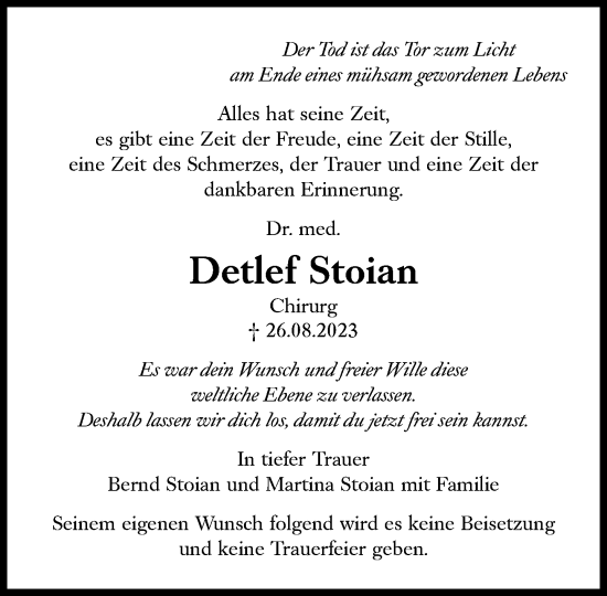 Traueranzeige von Detlef Stoian von Süddeutsche Zeitung
