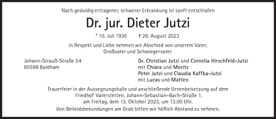 Traueranzeige von Dieter Jutzi von Süddeutsche Zeitung