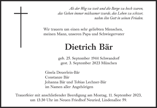 Traueranzeige von Dietrich Bär von Süddeutsche Zeitung