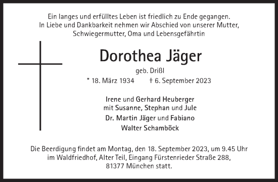 Traueranzeige von Dorothea Jäger von Süddeutsche Zeitung
