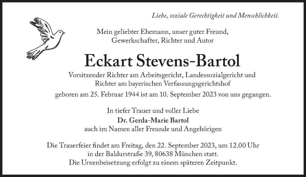  Traueranzeige für Eckart Stevens-Bartol vom 19.09.2023 aus Süddeutsche Zeitung