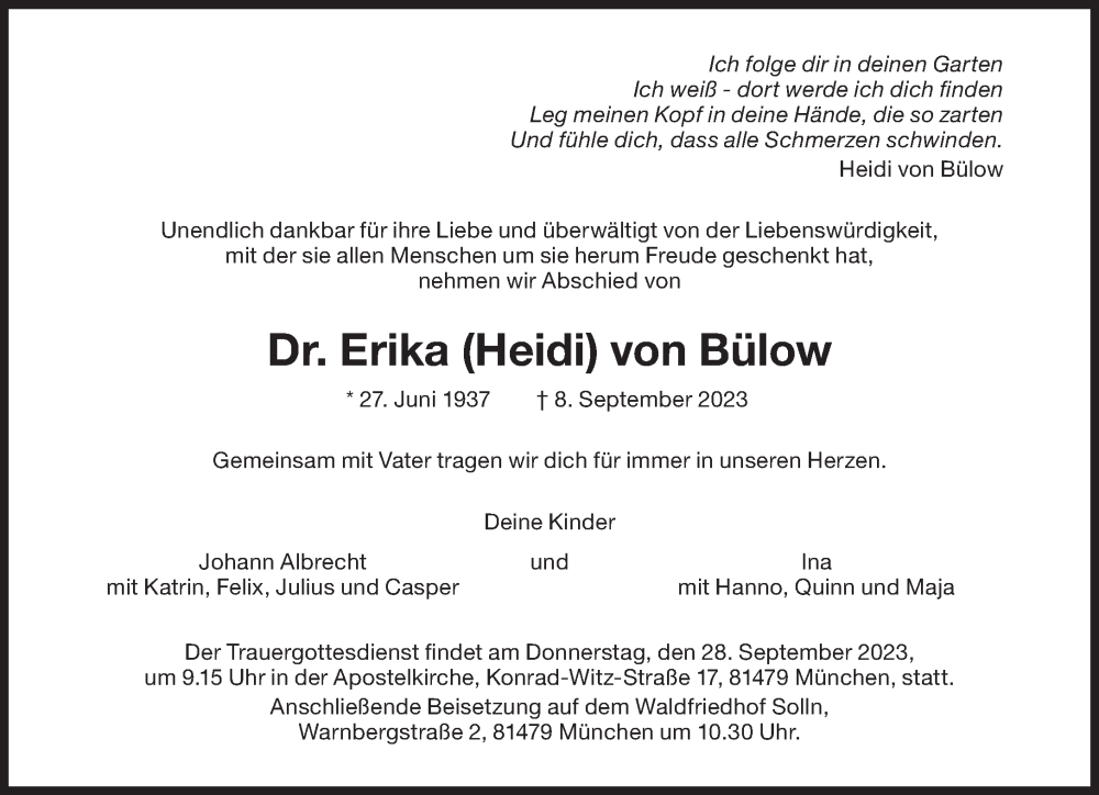  Traueranzeige für Erika von Bülow vom 16.09.2023 aus Süddeutsche Zeitung