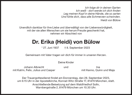 Traueranzeige von Erika von Bülow von Süddeutsche Zeitung