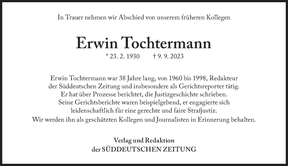  Traueranzeige für Erwin Tochtermann vom 16.09.2023 aus Süddeutsche Zeitung