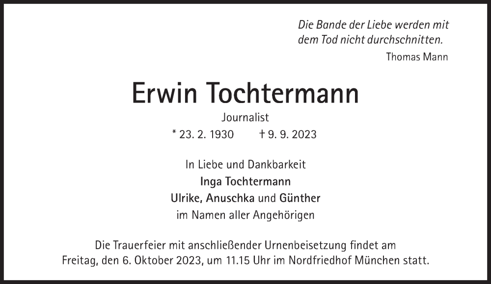  Traueranzeige für Erwin Tochtermann vom 16.09.2023 aus Süddeutsche Zeitung