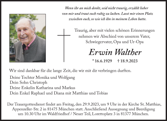 Traueranzeige von Erwin Walther von Süddeutsche Zeitung