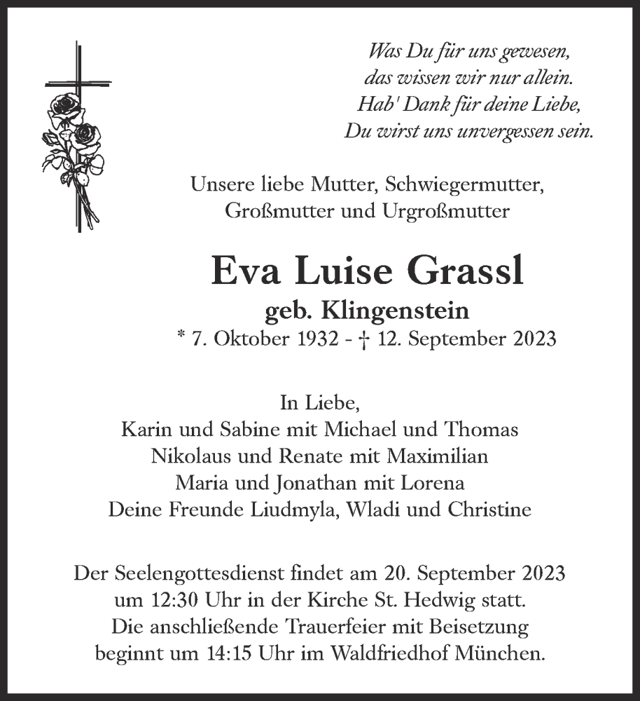  Traueranzeige für Eva Luise Grassl vom 16.09.2023 aus Süddeutsche Zeitung