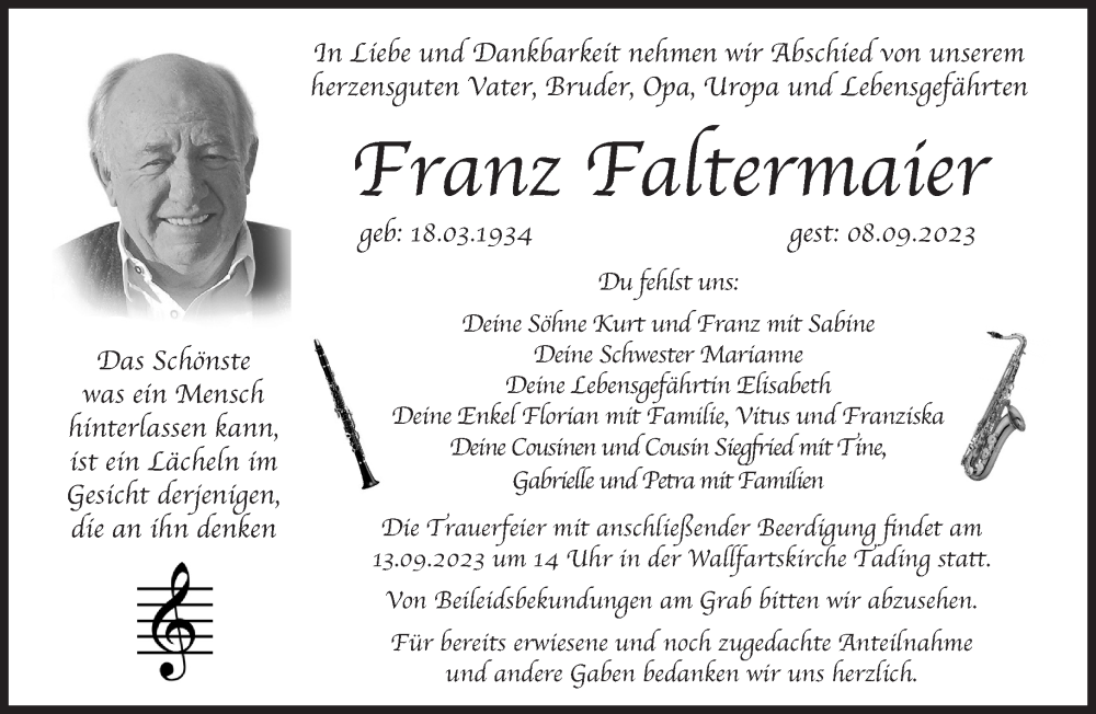  Traueranzeige für Franz Faltermaier vom 12.09.2023 aus Süddeutsche Zeitung