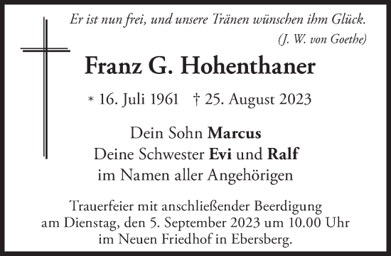 Traueranzeige von Franz G. Hohenthaner von Süddeutsche Zeitung
