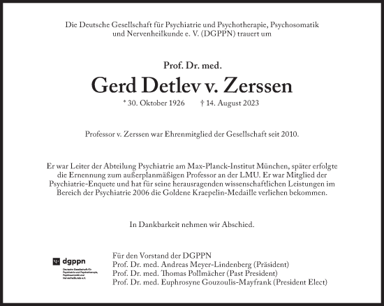 Traueranzeige von Gerd Detlev  v. Zerssen von Süddeutsche Zeitung