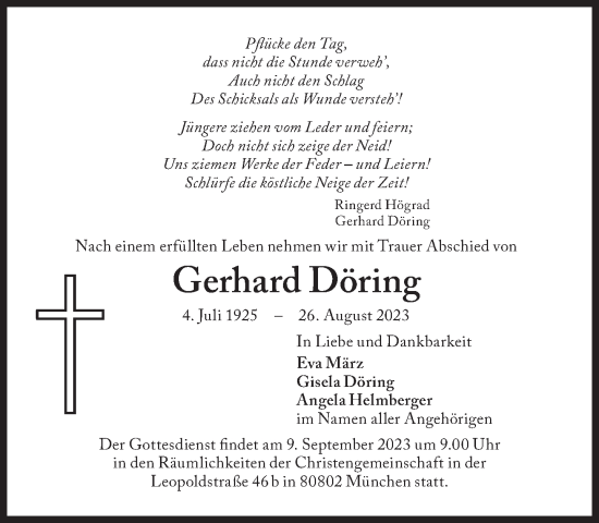 Traueranzeige von Gerhard Döring von Süddeutsche Zeitung