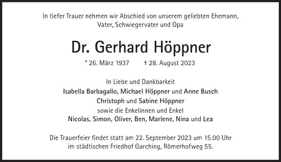 Traueranzeige von Gerhard Höppner von Süddeutsche Zeitung