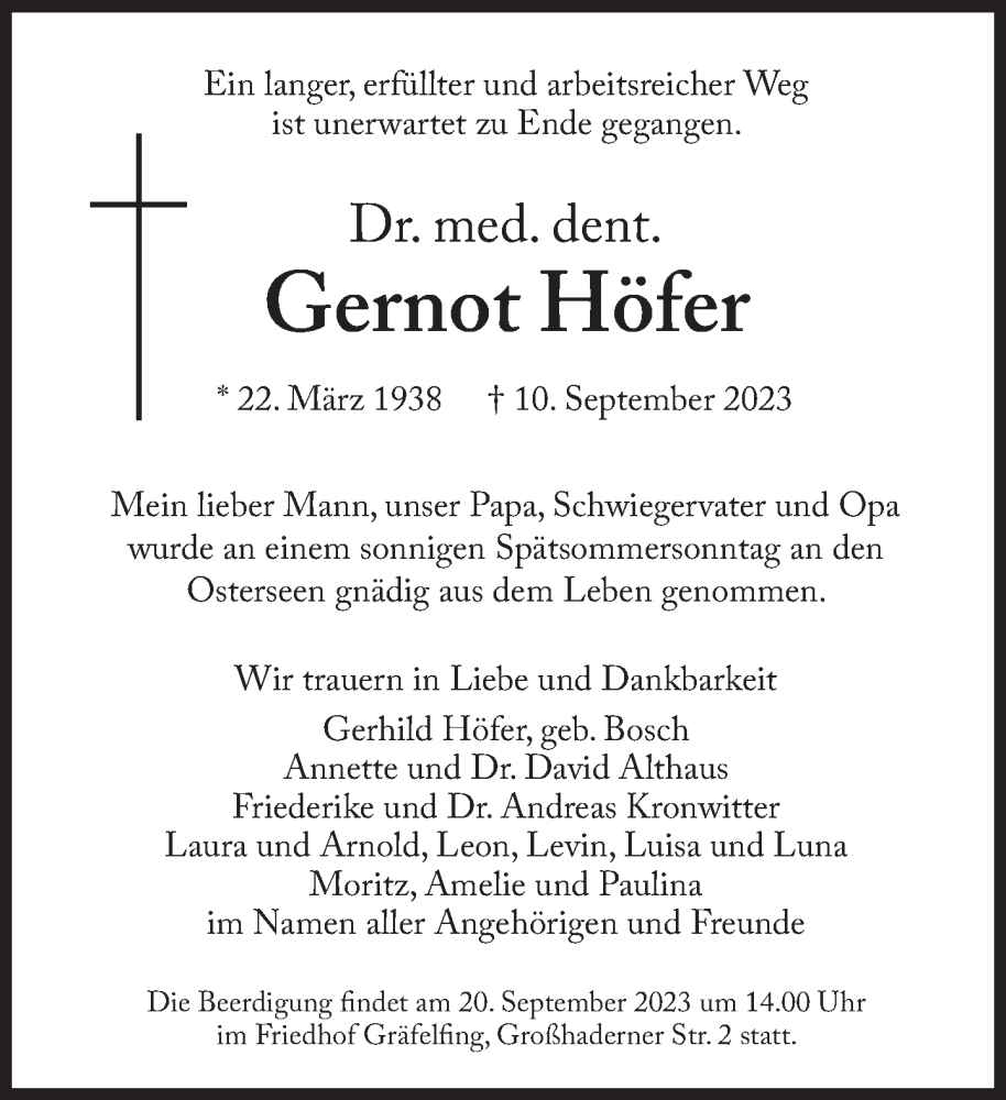  Traueranzeige für Gernot Höfer vom 16.09.2023 aus Süddeutsche Zeitung