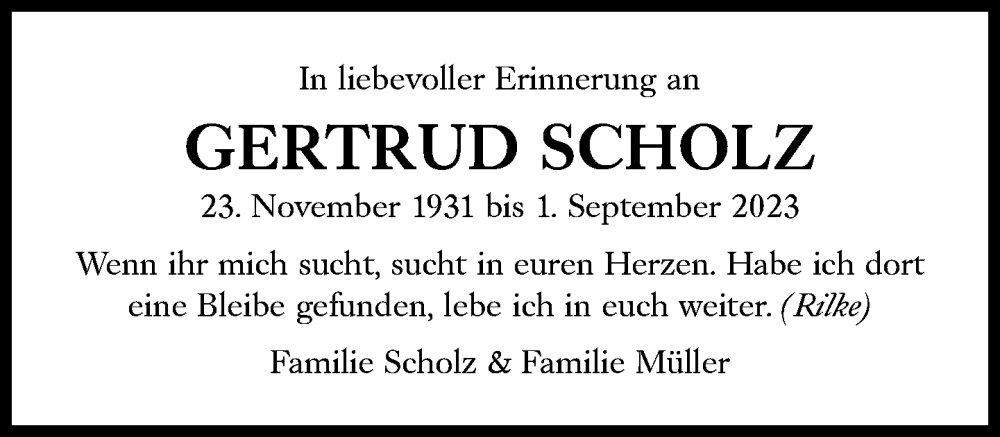  Traueranzeige für Gertrud Scholz vom 16.09.2023 aus Süddeutsche Zeitung