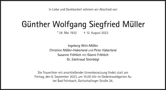 Traueranzeige von Günther Wolfgang Siegfried Müller von Süddeutsche Zeitung
