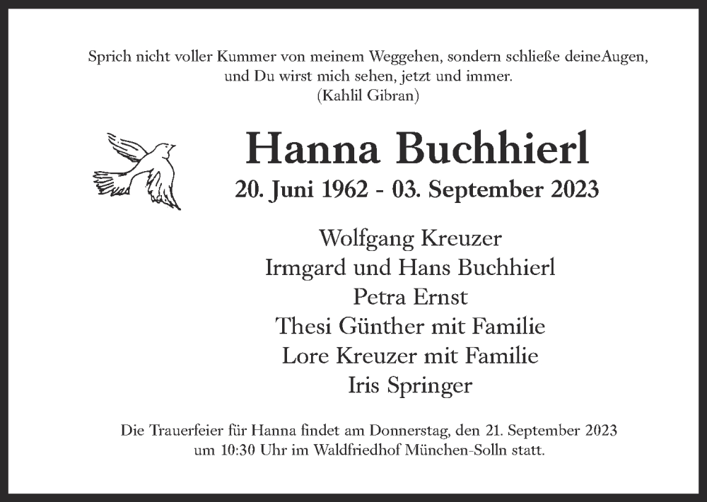  Traueranzeige für Hanna Buchhierl vom 16.09.2023 aus Süddeutsche Zeitung