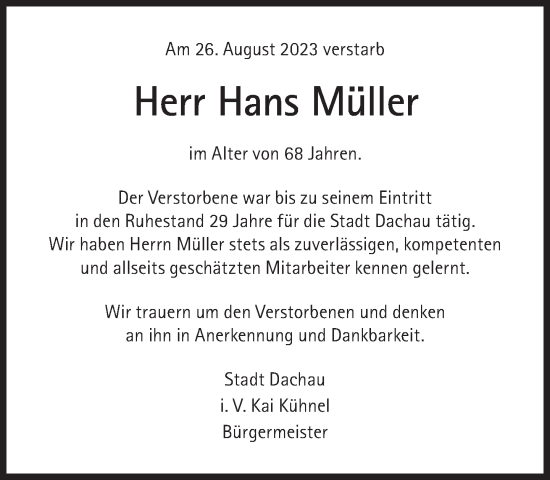 Traueranzeige von Hans Müller von Süddeutsche Zeitung