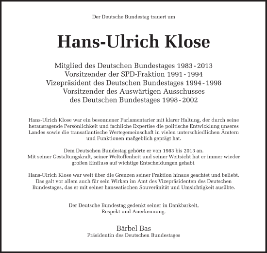 Traueranzeige von Hans-Ulrich Klose von Süddeutsche Zeitung