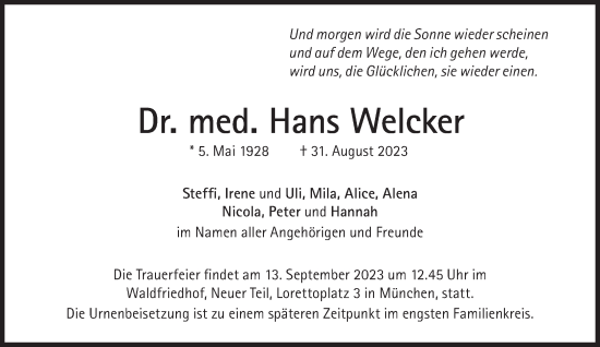 Traueranzeige von Hans Welcker von Süddeutsche Zeitung