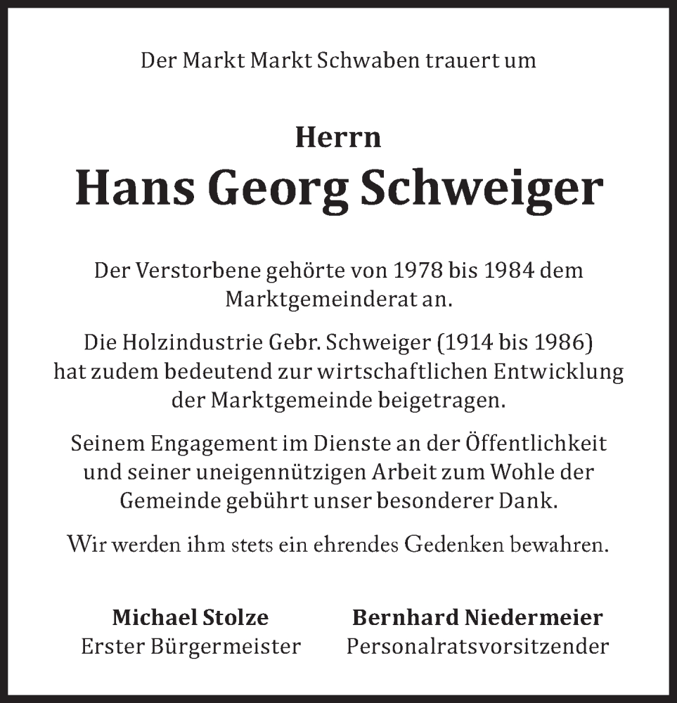  Traueranzeige für Hans Georg Schweiger vom 18.09.2023 aus Süddeutsche Zeitung