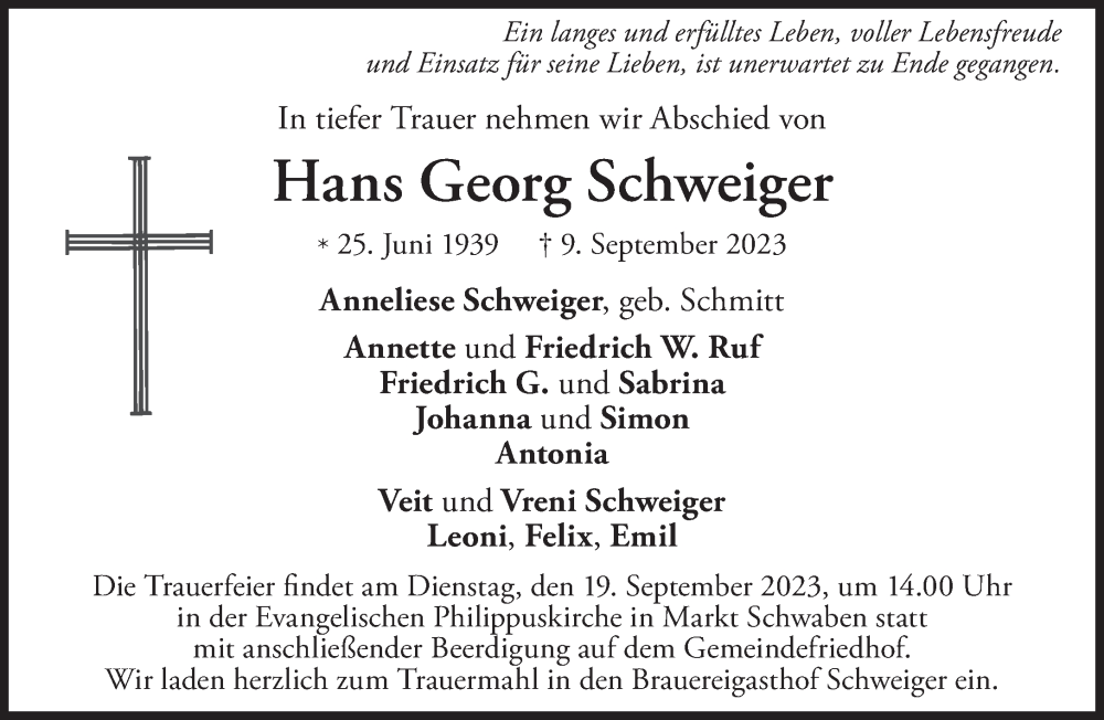 Traueranzeige für Hans Georg Schweiger vom 16.09.2023 aus Süddeutsche Zeitung
