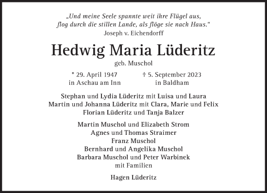 Traueranzeige von Hedwig Maria Lüderitz von Süddeutsche Zeitung