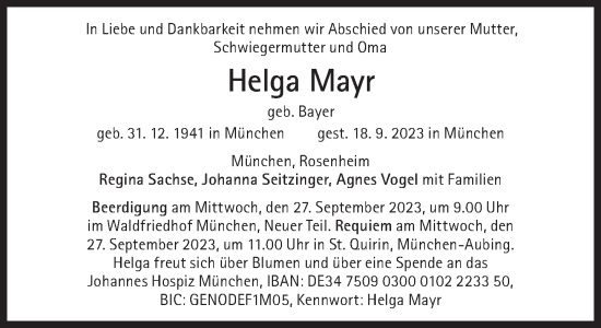 Traueranzeige von Helga Mayr von Süddeutsche Zeitung