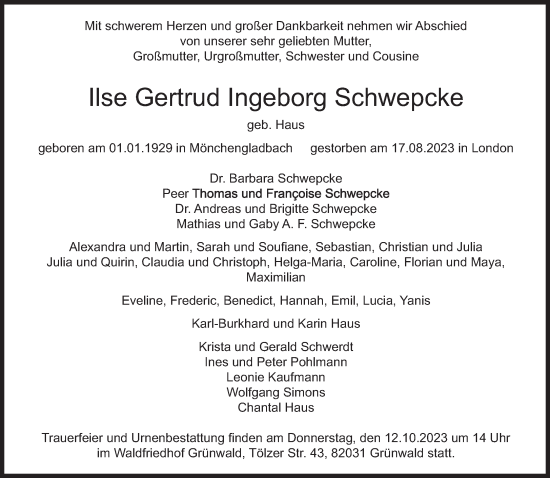 Traueranzeige von Ilse Gertrud Ingeborg Schwepcke von Süddeutsche Zeitung