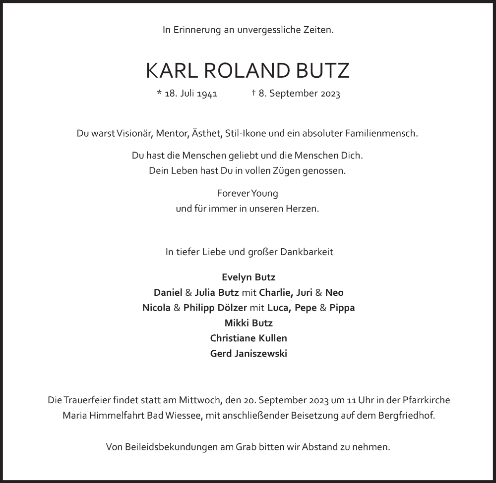  Traueranzeige für Karl Roland Butz vom 16.09.2023 aus Süddeutsche Zeitung